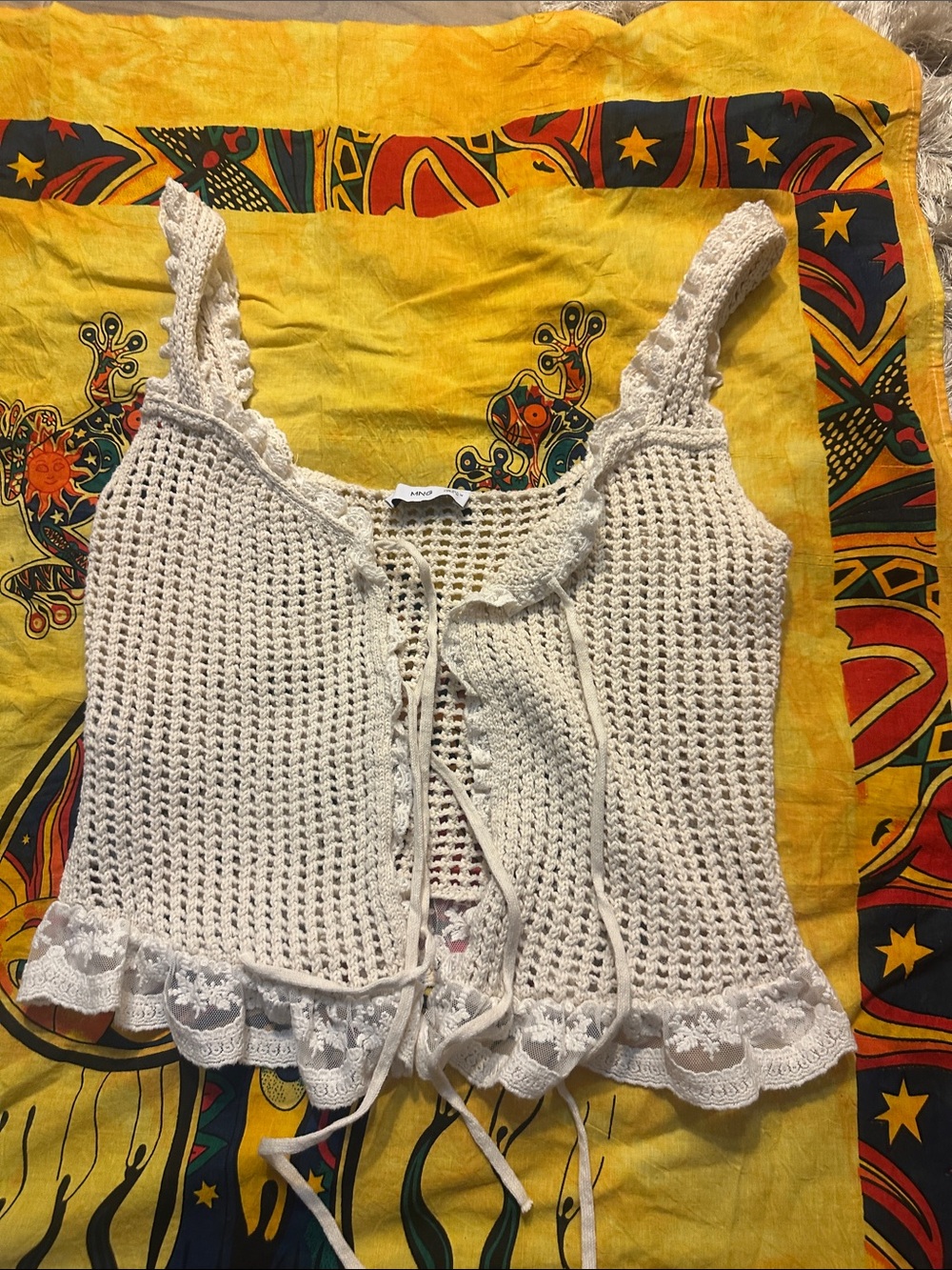 Boho Crochet Tie-Front Tank Top — Cream